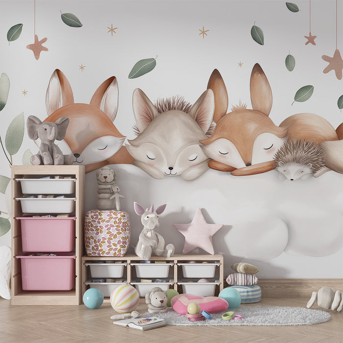 Barntapet | Sovande djur på ett moln med delikata löv