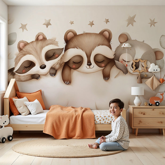 Barntapet | Sovande djur på en moln med gyllene stjärnor