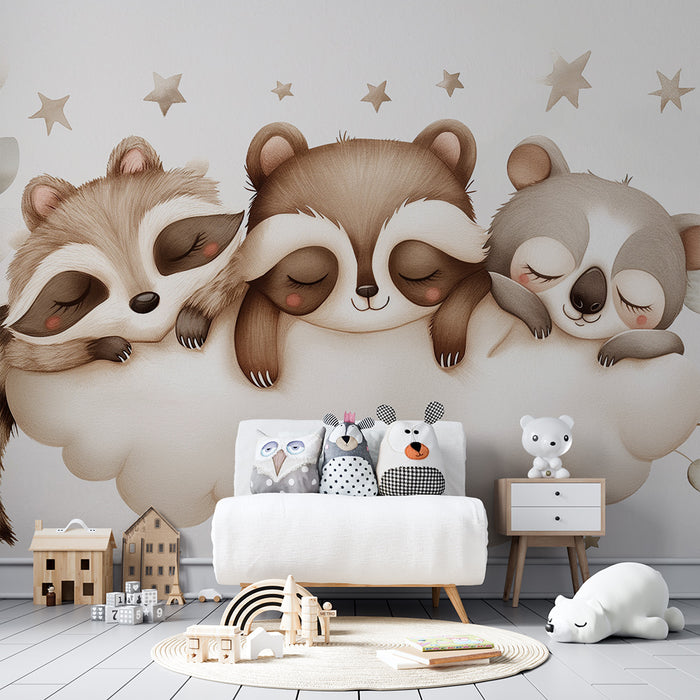 Barntapet | Sovande djur på en moln med gyllene stjärnor