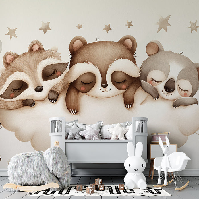 Barntapet | Sovande djur på en moln med gyllene stjärnor