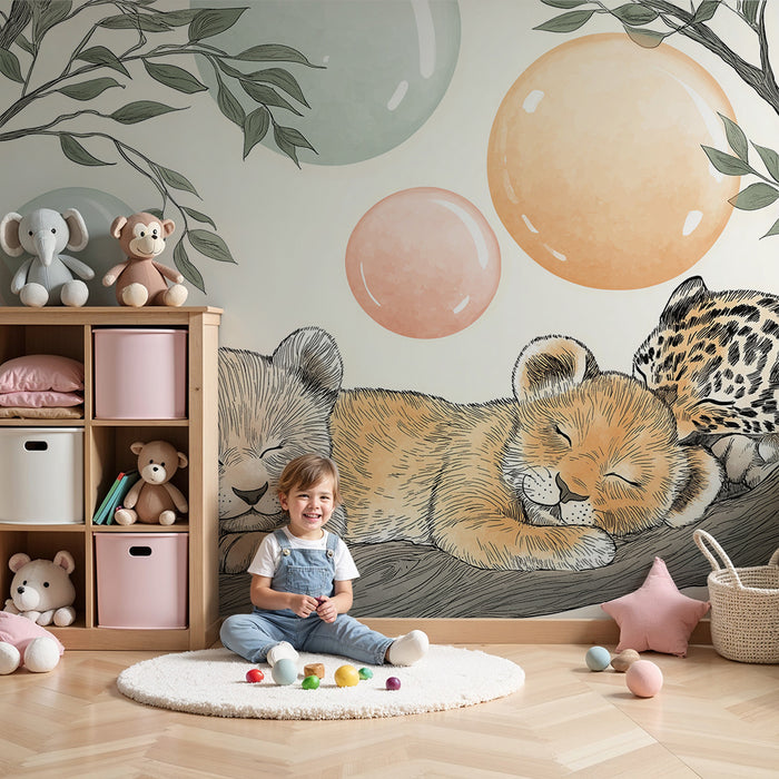 Papier de parede soba za bebe | Životinje koje spavaju na grani s šarenim mjehurićima