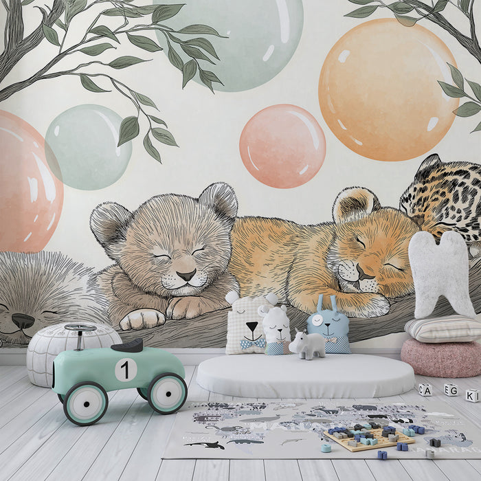 Papier de parede soba za bebe | Životinje koje spavaju na grani s šarenim mjehurićima