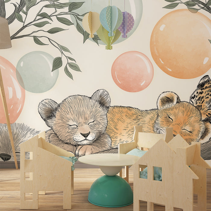 Papier de parede soba za bebe | Životinje koje spavaju na grani s šarenim mjehurićima