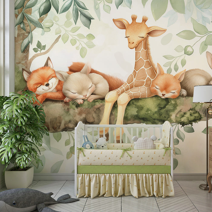 Barntapet | Sömniga djur på en gren med mjuka löv