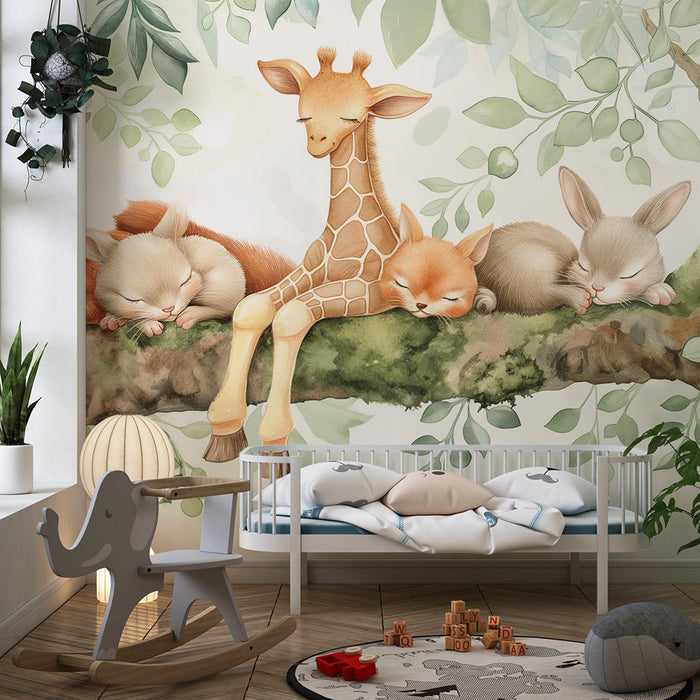 Barntapet | Sömniga djur på en gren med mjuka löv