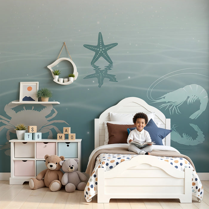 Papel pintado para habitación de bebé | Animales marinos delicados sobre fondo acuático relajante