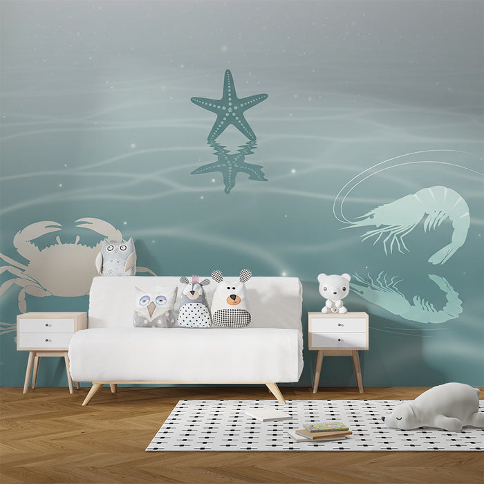 Papel pintado para habitación de bebé | Animales marinos delicados sobre fondo acuático relajante