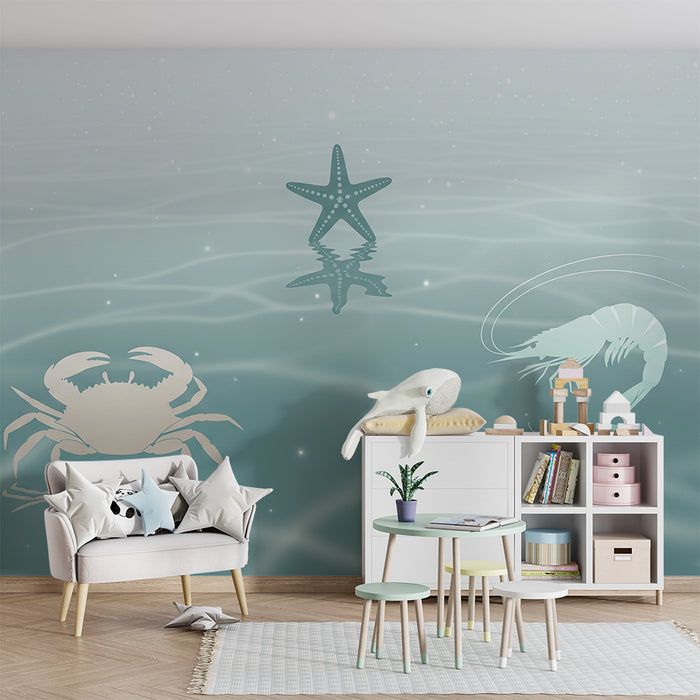 Papel pintado para habitación de bebé | Animales marinos delicados sobre fondo acuático relajante