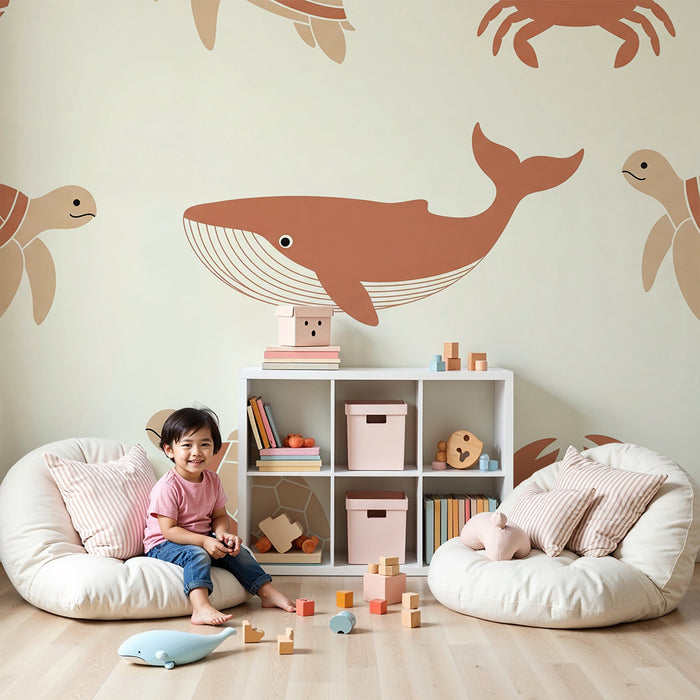 Lastenhuoneen tapetti | Lempeissä sävyissä olevia merieläimiä rauhoittavaan tunnelmaan