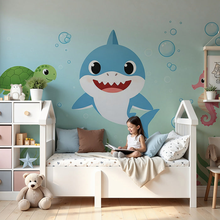 Papier peint chambre bébé | Animaux marins joyeux avec tortue requin et hippocampe