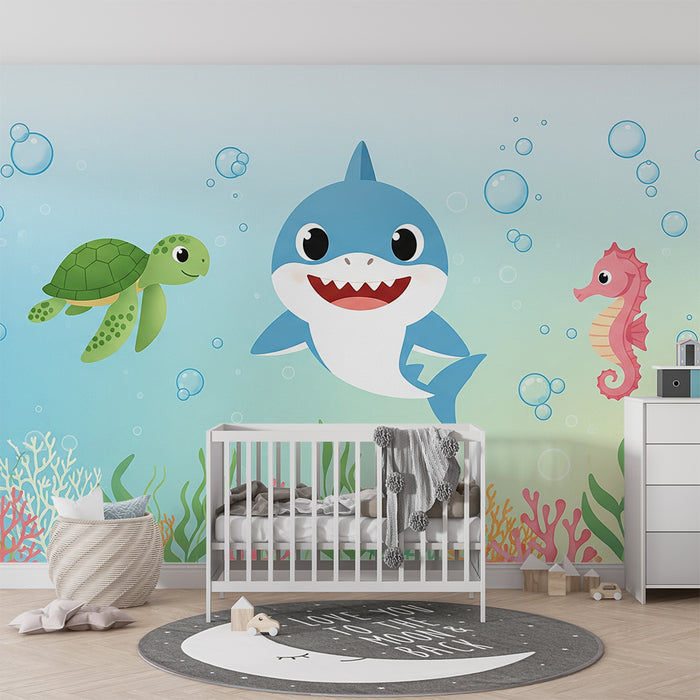 Papier peint chambre bébé | Animaux marins joyeux avec tortue requin et hippocampe