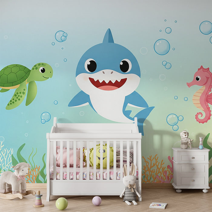 Papier peint chambre bébé | Animaux marins joyeux avec tortue requin et hippocampe