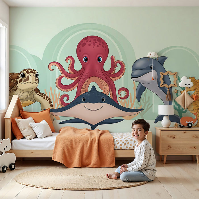 Papier peint chambre bébé | Animaux marins joyeux dans un décor aquatique
