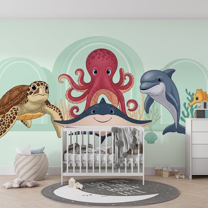 Papier peint chambre bébé | Animaux marins joyeux dans un décor aquatique
