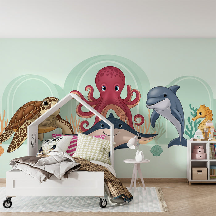 Papier peint chambre bébé | Animaux marins joyeux dans un décor aquatique