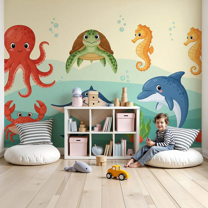 Papier peint chambre bébé | Animaux marins joyeux dans un océan coloré