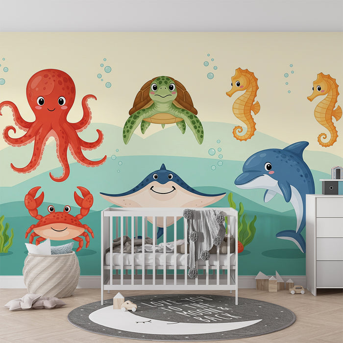 Papier peint chambre bébé | Animaux marins joyeux dans un océan coloré