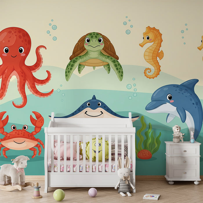 Papier peint chambre bébé | Animaux marins joyeux dans un océan coloré