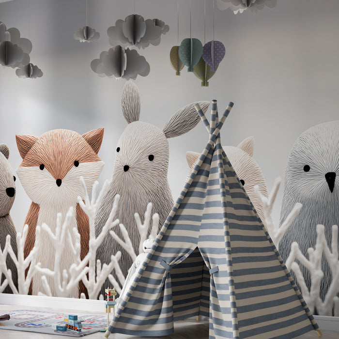 Papel de parede quarto bebê | Animais fofos no coração da floresta