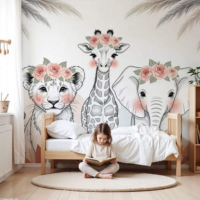 Barntapet | Söta djur med blomsterkransar