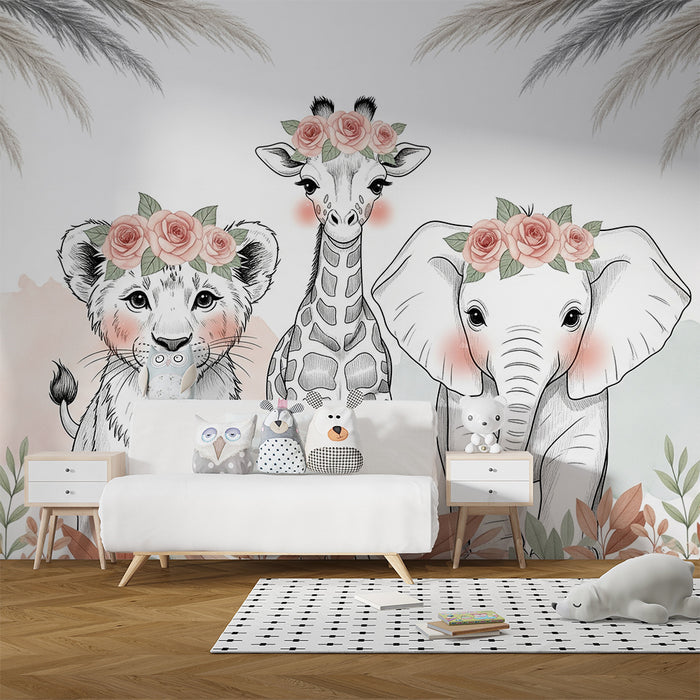 Barntapet | Söta djur med blomsterkransar