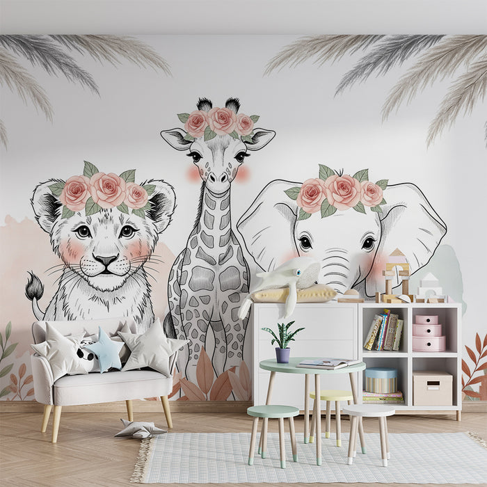 Barntapet | Söta djur med blomsterkransar