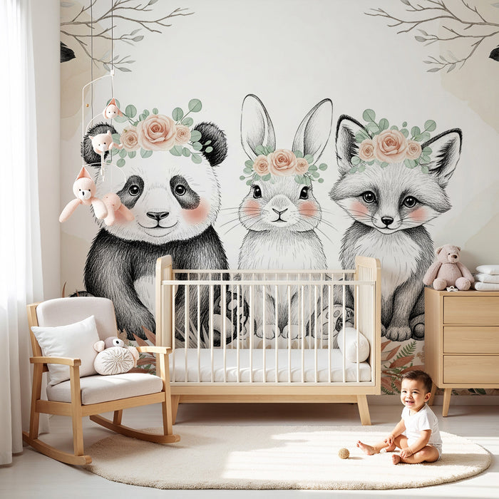 Barntapet | Söta djur med bohemiska blomsterkransar