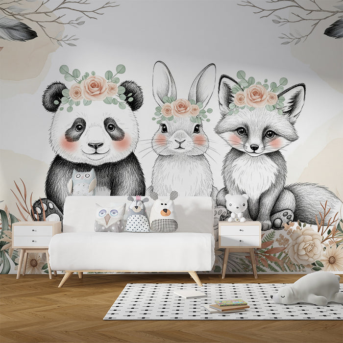 Barntapet | Söta djur med bohemiska blomsterkransar