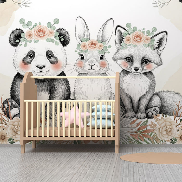 Barntapet | Söta djur med bohemiska blomsterkransar