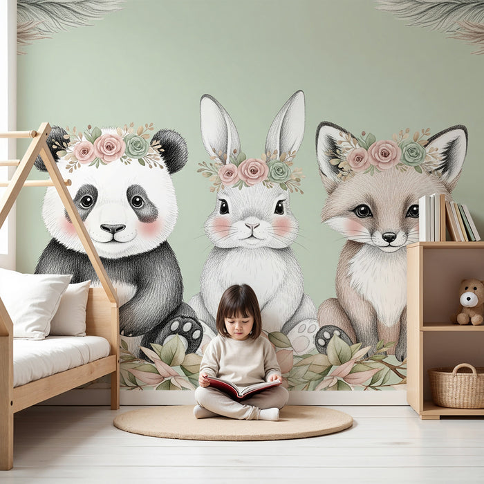 Barntapet | Söta djur med blomsterkransar på en salvia grön bakgrund