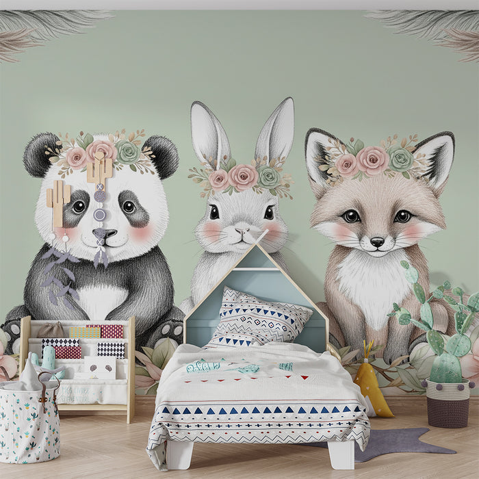 Barntapet | Söta djur med blomsterkransar på en salvia grön bakgrund