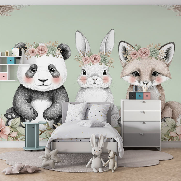 Barntapet | Söta djur med blomsterkransar på en salvia grön bakgrund
