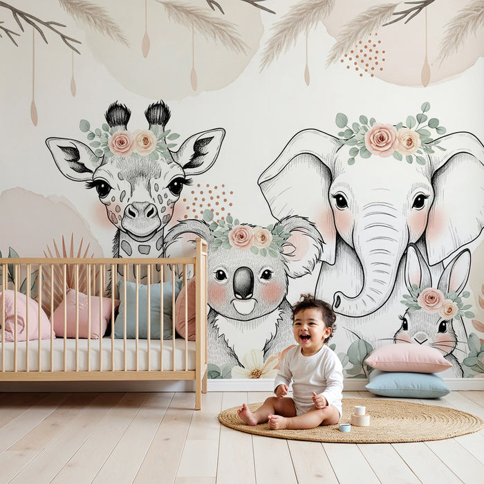 Barntapet | Söta djur med blommor