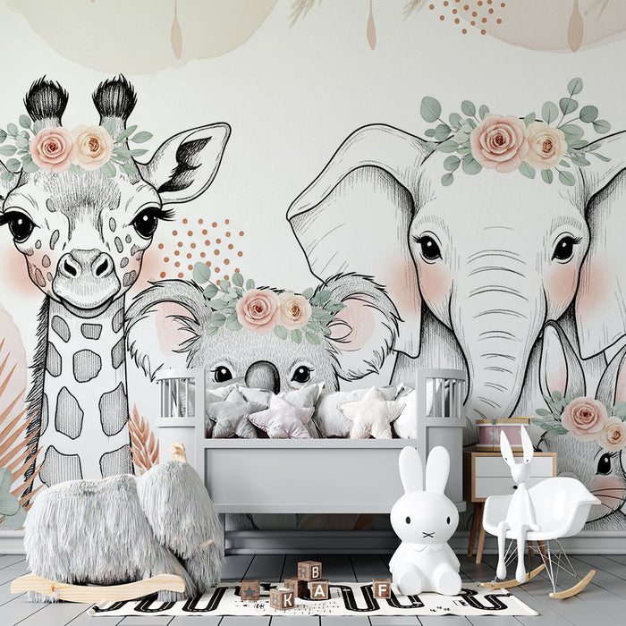 Barntapet | Söta djur med blommor