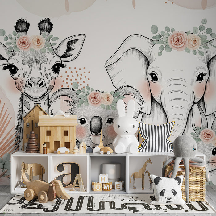 Barntapet | Söta djur med blommor