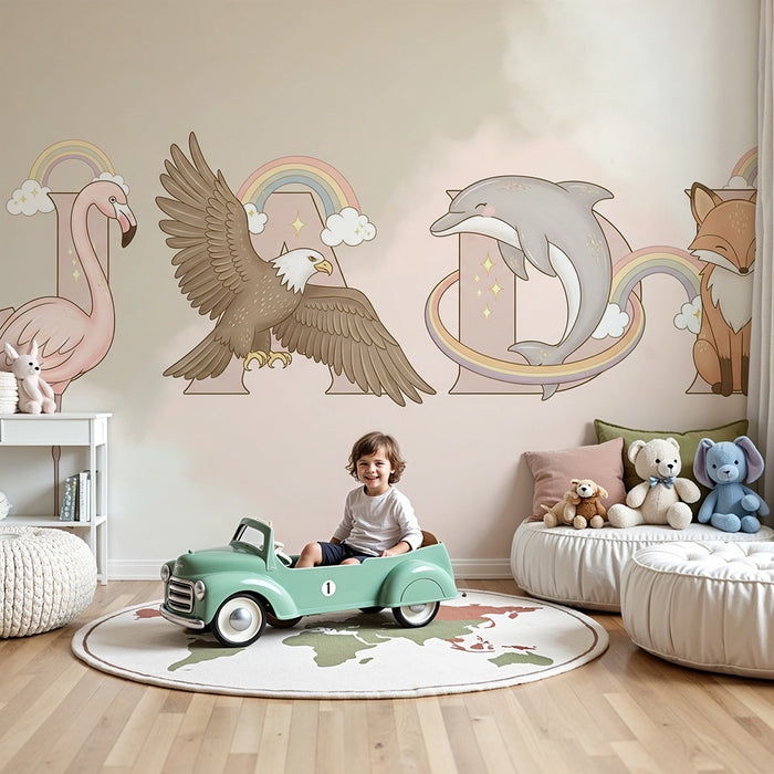Papel de parede quarto bebê | Slatke životinje s slovima i duginim lukovima