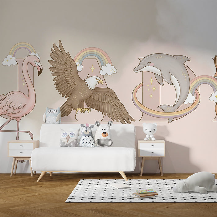 Papel de parede quarto bebê | Slatke životinje s slovima i duginim lukovima