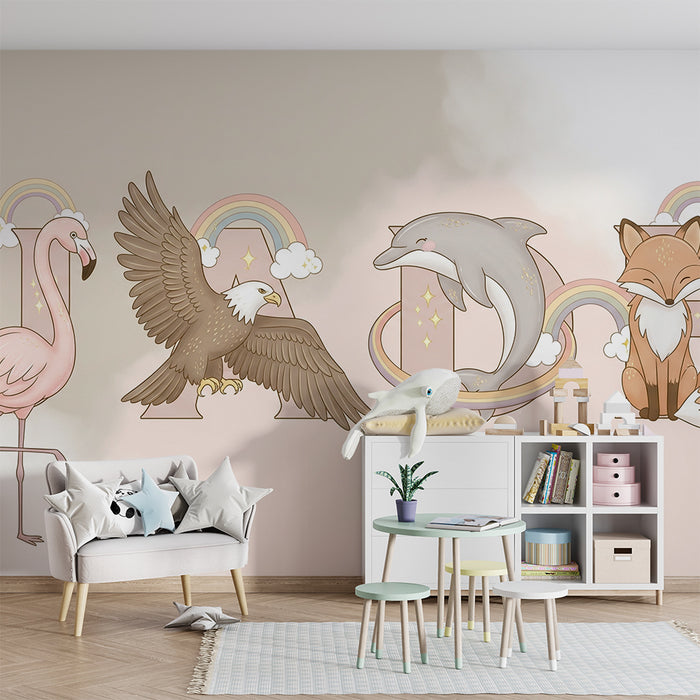 Papel de parede quarto bebê | Slatke životinje s slovima i duginim lukovima