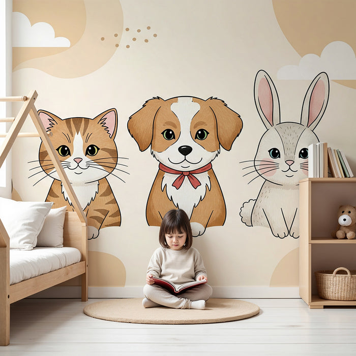 Papier peint chambre bébé | Animaux mignons chat, chien et lapin sur fond doux