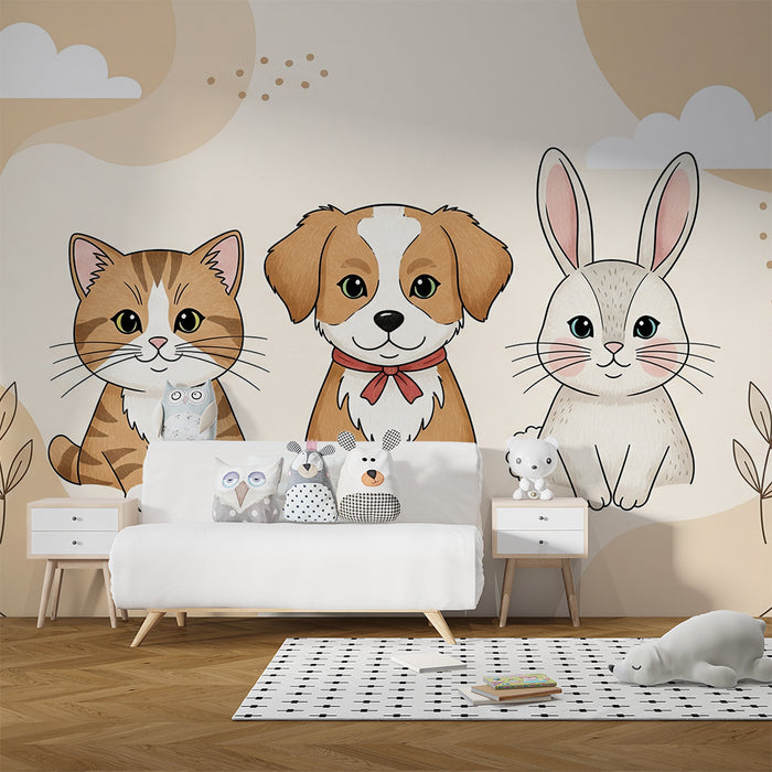 Papier peint chambre bébé | Animaux mignons chat, chien et lapin sur fond doux