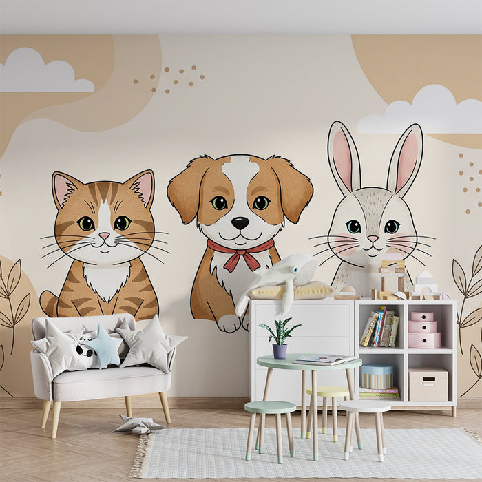 Papier peint chambre bébé | Animaux mignons chat, chien et lapin sur fond doux