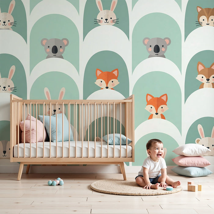 Babykamer behang | Schattige dieren in kleurrijke nissen