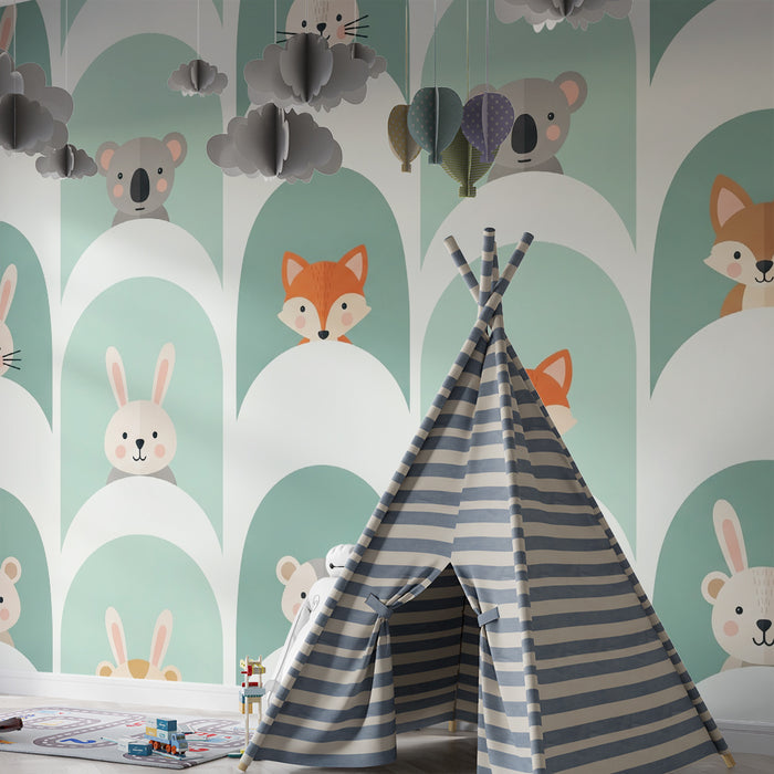 Babykamer behang | Schattige dieren in kleurrijke nissen