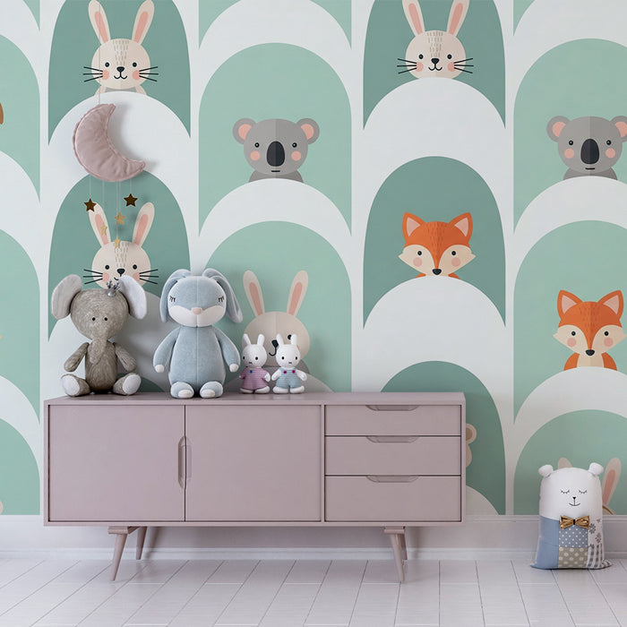 Babykamer behang | Schattige dieren in kleurrijke nissen