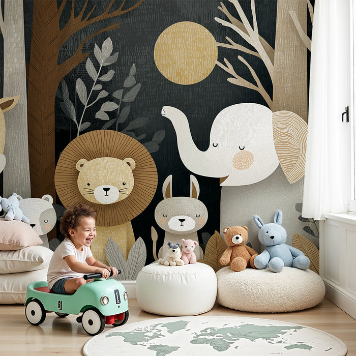 Nursery room wallpaper | Cute animals in the forest with soft tones