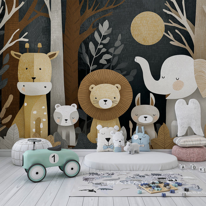 Nursery room wallpaper | Cute animals in the forest with soft tones