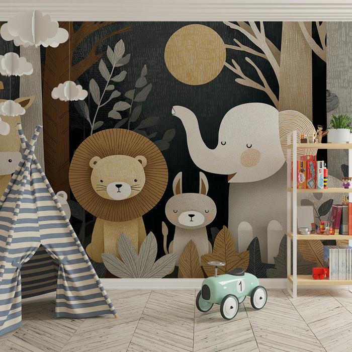 Nursery room wallpaper | Cute animals in the forest with soft tones
