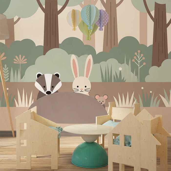 Barntapet | Söta djur i skogen med en kanin och en grävling