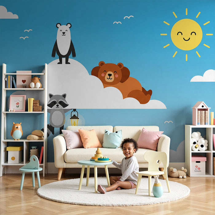 Nursery Wallpaper | Cute Animals in the Clouds with a Sunny Blue Sky