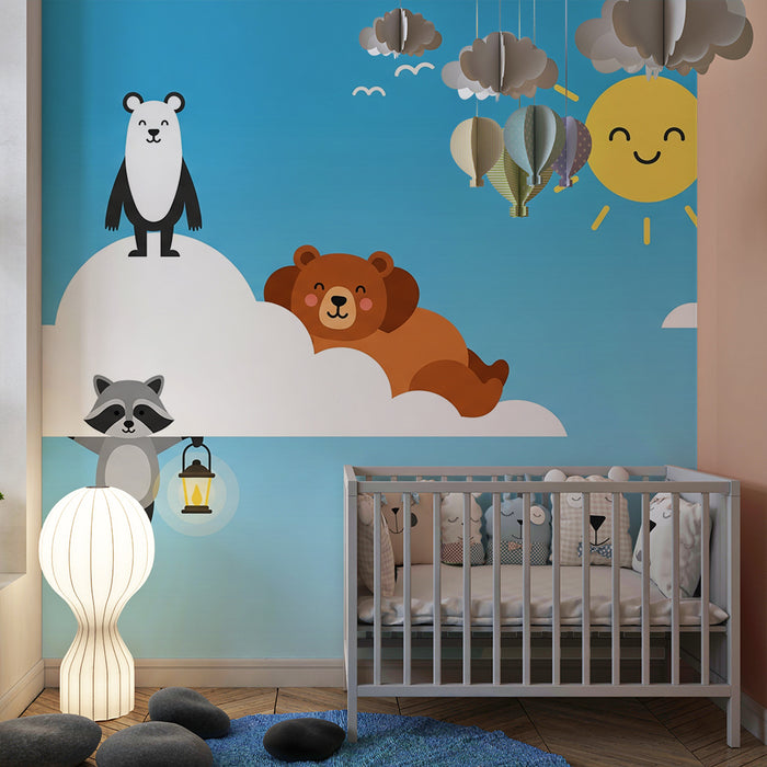 Nursery Wallpaper | Cute Animals in the Clouds with a Sunny Blue Sky